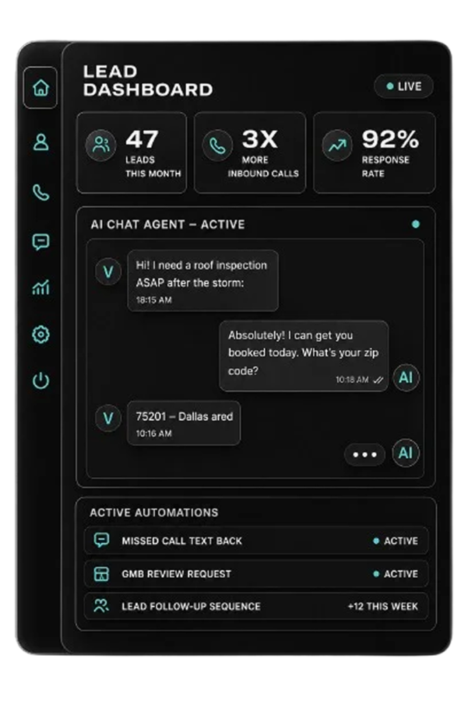 AI CRM and lead dashboard interface showing active automations and statistics